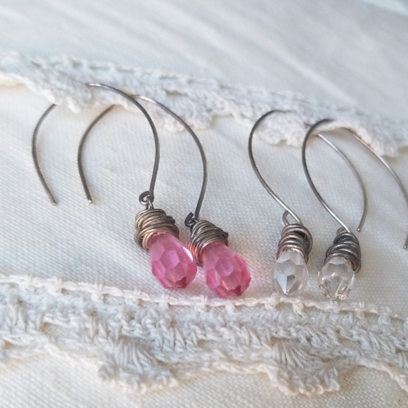 Handmade Crystal Drop Earrings - Pink or Clear in Silver - Picture 1 of 6